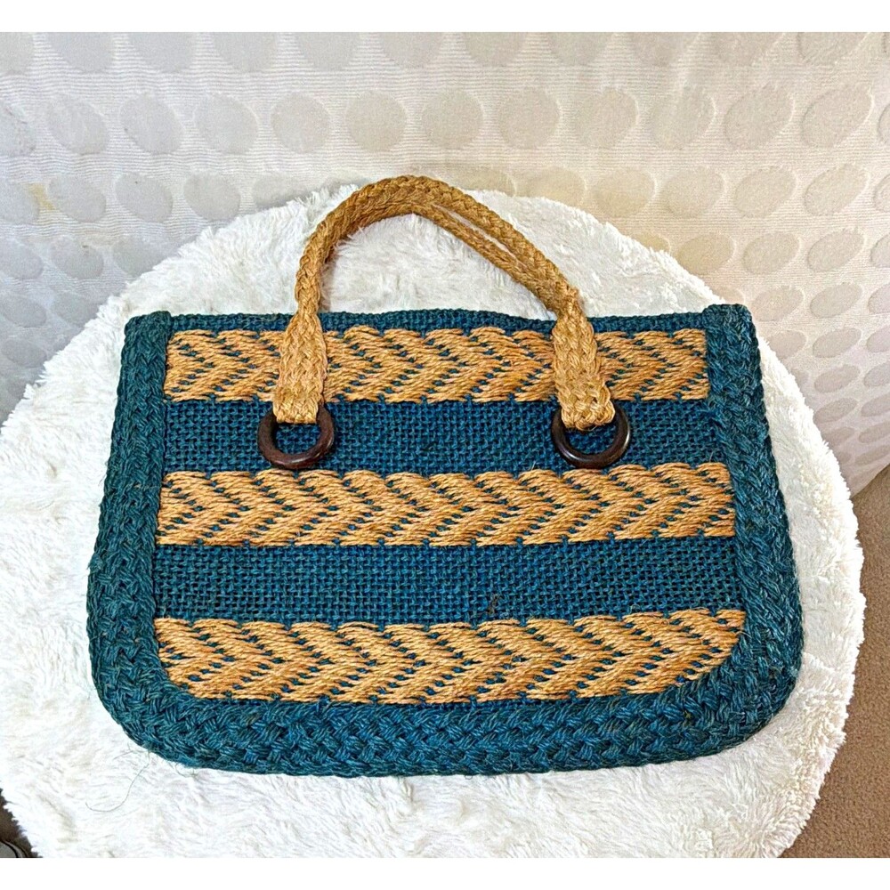 Vintage Lazarus Woven Straw Handbag Blue Tan Rope Handles Made in Spain 12x18